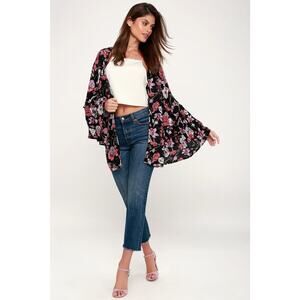 Women's Black Floral Kimono Cardigan - Flowing Open Front